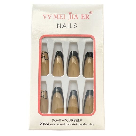 2/$15! Long Coffin Heart Detail Taupe Base Black French Tips Full Coverage - Picture 2 of 5